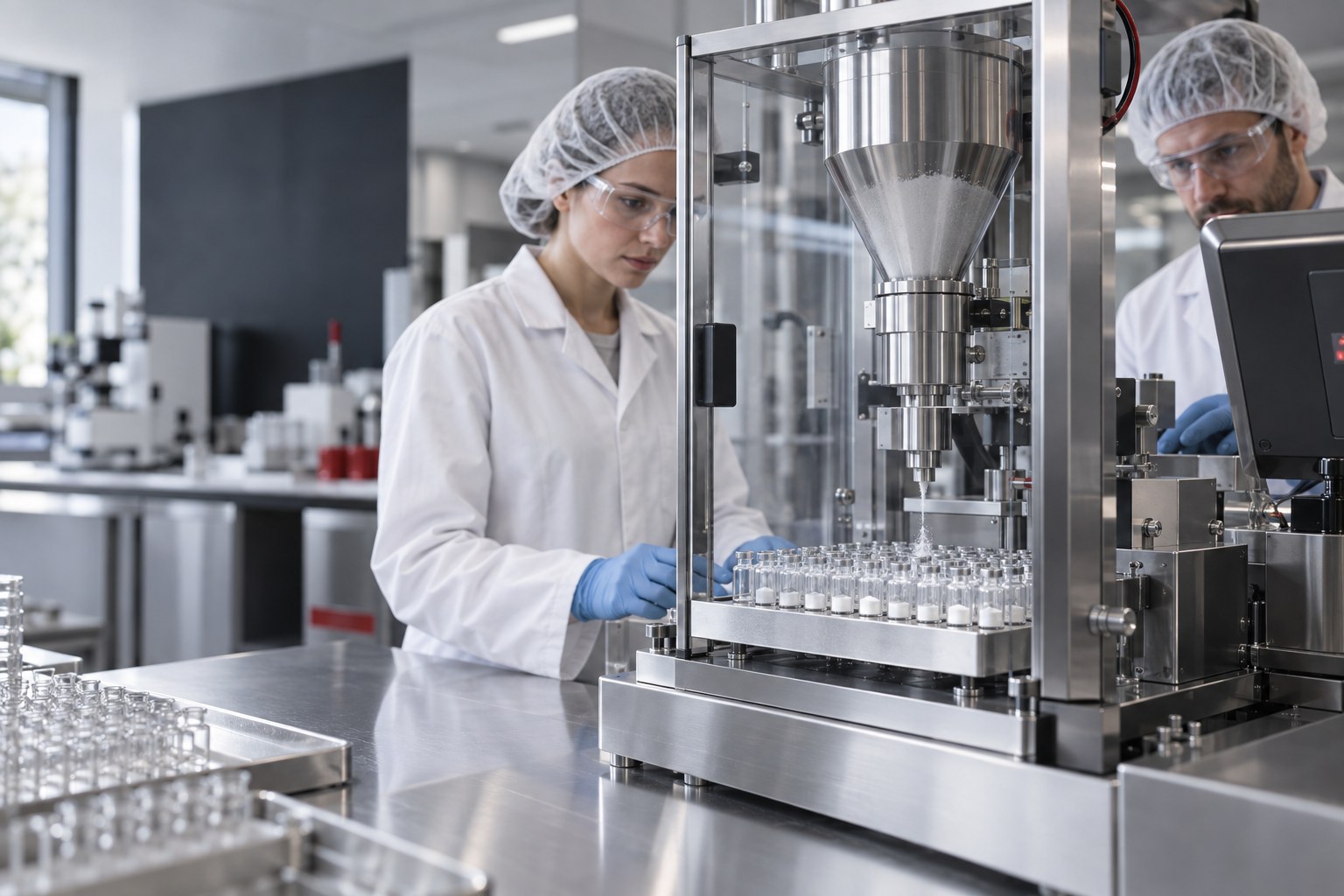 Illustrative laboratory workers operating powder filling machinery with small glass vials