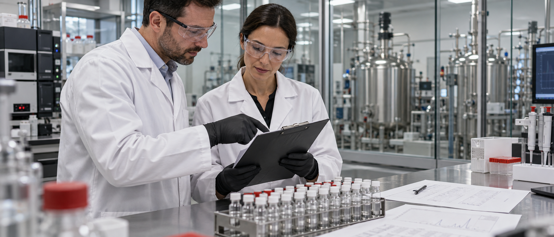 Illustrative laboratory analysts reviewing records beside research vials and stainless steel manufacturing equipment